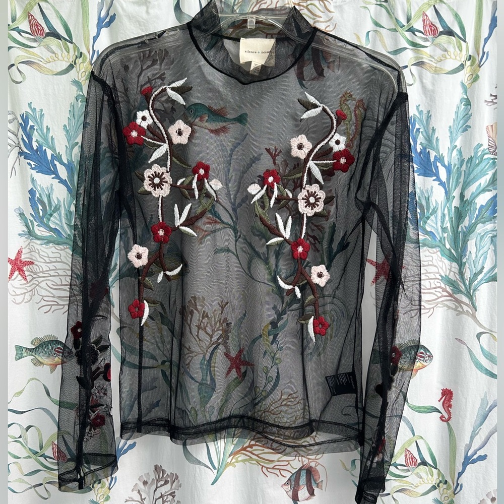 Silence + Noise Embroidered Black Sheer Top